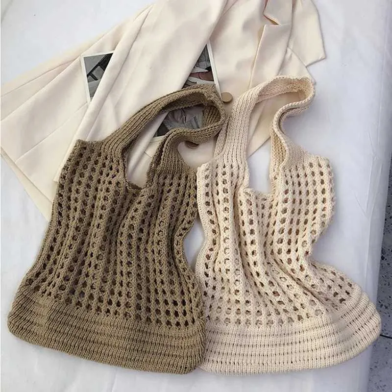 Knitted hollow shoulder lower arm bag large capacity crochet hook womens shopping casual beach handbag Y241011_voghion.com