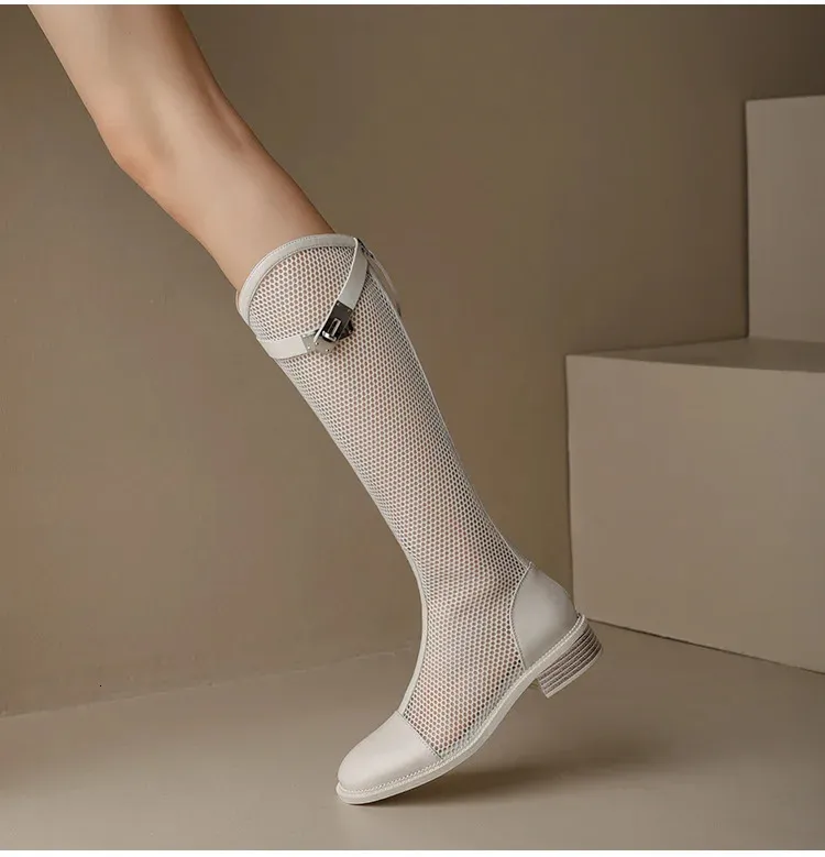 Breathable Leather Mesh Long Boots For Women Fashionable Sandals_voghion.com