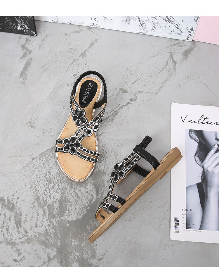 Large Size Hollow Sandals Women's Summer Comfortable Flat Rhinestone Sandals_voghion.com
