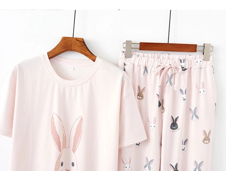 Nachtwäsche für Damen Pyjama für Damen, kurzärmelige Hose mit Cartoon-Katze und Kaninchen-Motiv, Heimanzug_voghion.com
