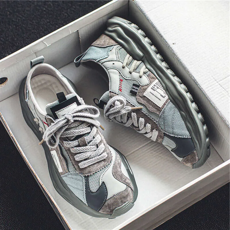 Men's Running New Mesh Breathable Clunky Shoes Fashionable Comfortable Casual Style Sports Thick Sole Trendy Grey Free_voghion.com