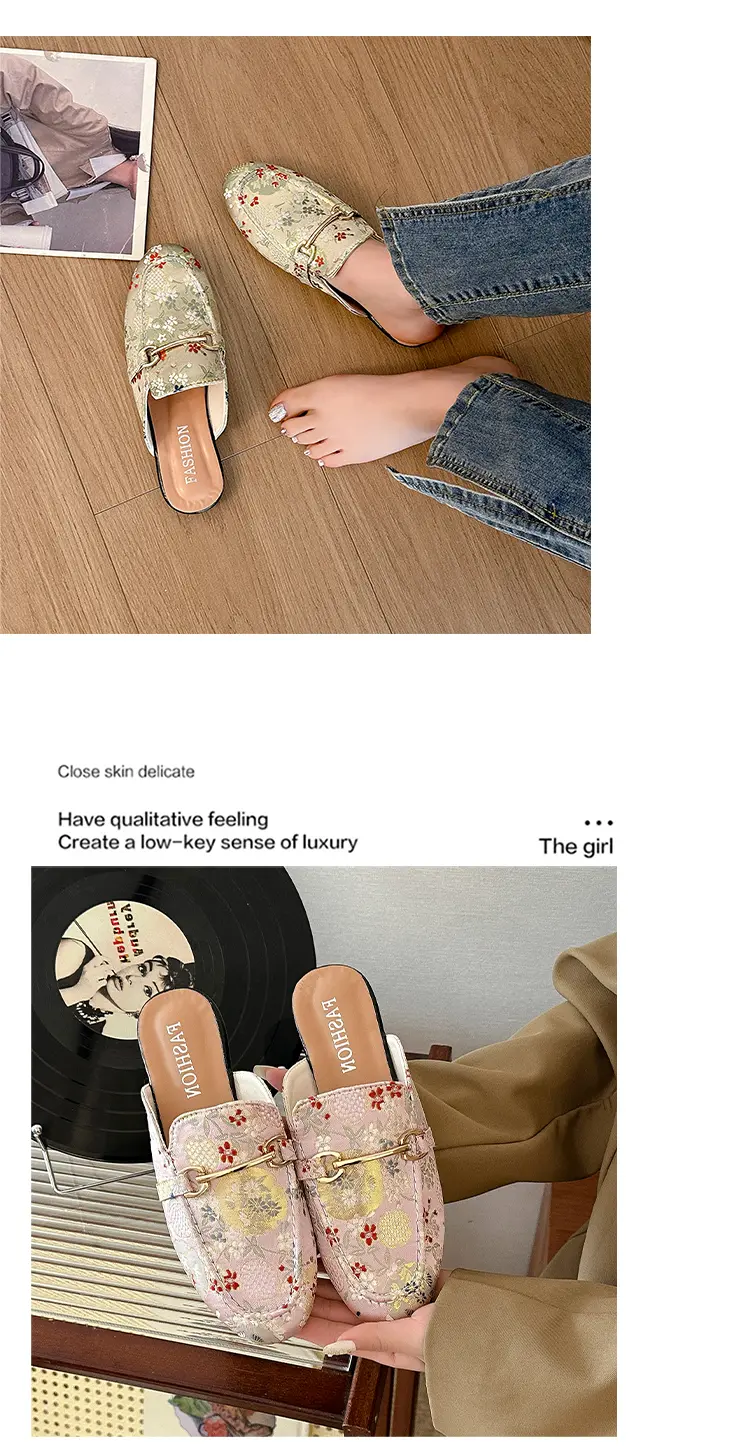 Embroidered Floral Flat Sandals For Women Versatile Half Slippers_voghion.com