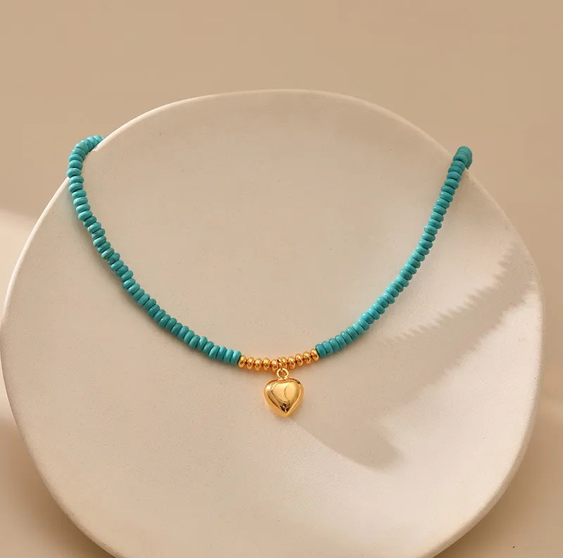 Collier de perles turquoise irrégulières faites à la main pour femmes, chaîne porte-bonheur en forme d'épis de blé dorés, bijoux rétro_voghion.com