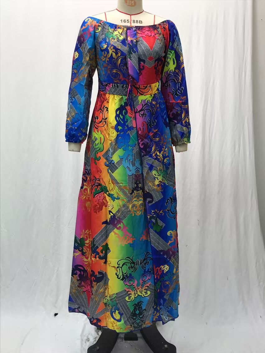 Dress Printed V-neck Retro Long Sleeve Swing Slit Long Dress_voghion.com