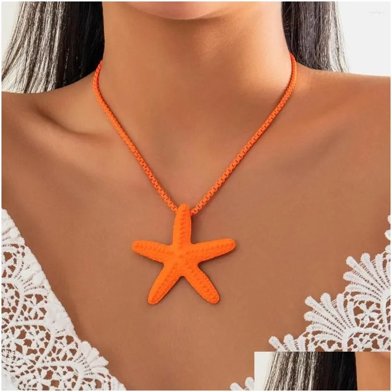 Pendant Necklaces Punk Boho Colorf Iron Chain Big Starfish Star Choker Necklace Women Creative Box Link Y2K Vacation_voghion.com