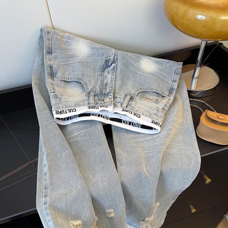 American Retro Splicing Worn Jeans Women’s Spring And Autumn New Light Blue High Waist Thin Loose Wide Leg Long Pants