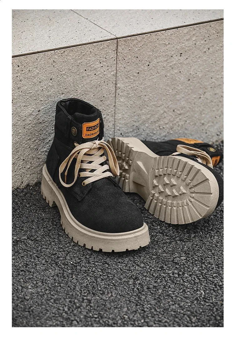 Botas de cowboy masculinas de alta qualidade, estilo britânico, com cadarço, bico redondo, cano curto, para uso casual ao ar livre (código 240930)._voghion.com