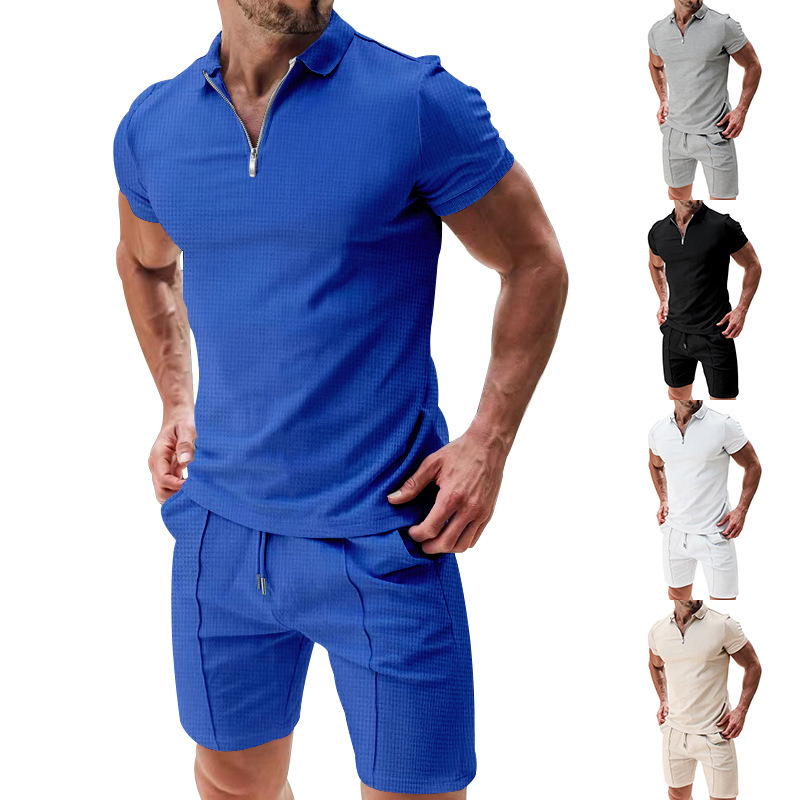 Herren Polo Shirt Set Kurzarm Sommer Freizeit Outfit Waffeloptik_voghion.com