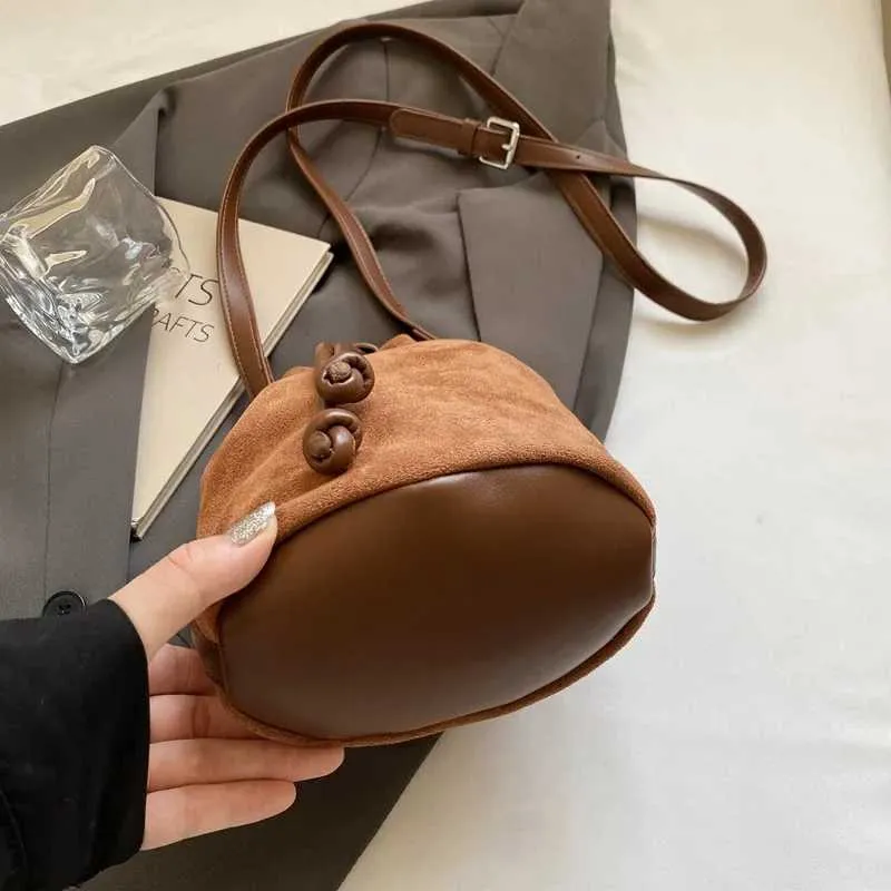 Suede Drstring Small Shoulder Bag Dark BrownC241217_voghion.com