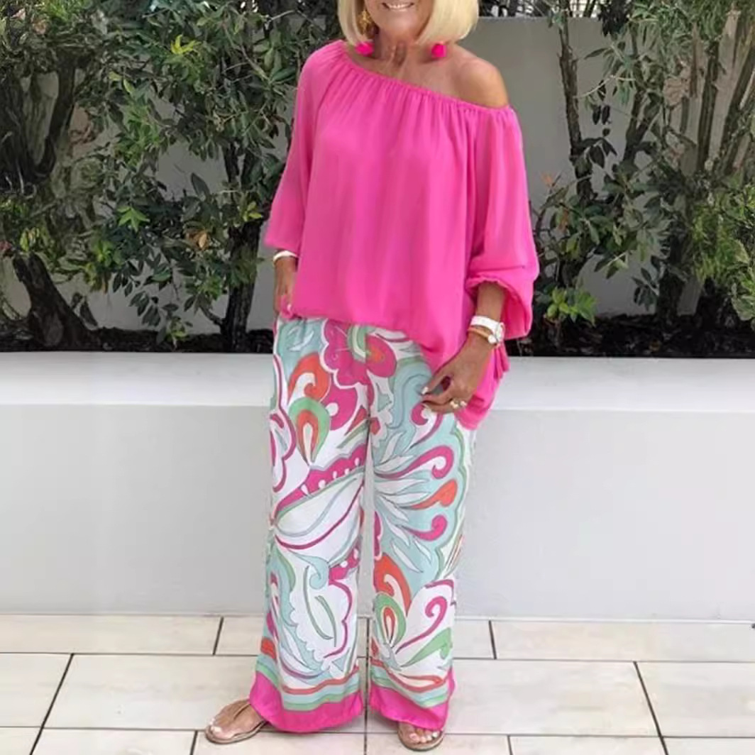 2025 New Women's Printed Pants Off-Shoulder Top Casual Set_voghion.com