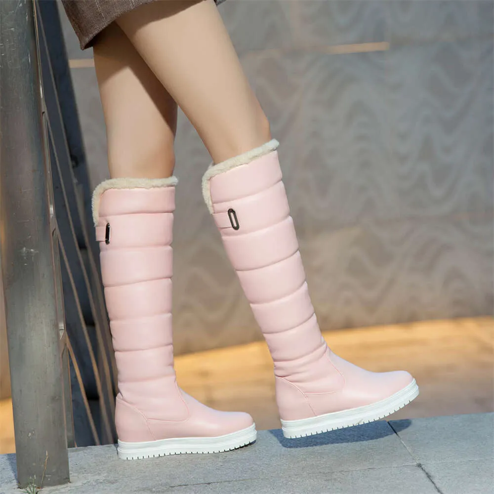 Winter Warm Rosa Weiß Schnee Frauen Schuhe 2024 Niedrigen Absätzen Knie Hohe Stiefel Weibliche Plattform Plüsch Lange Boote Mujer Schwarz_voghion.com