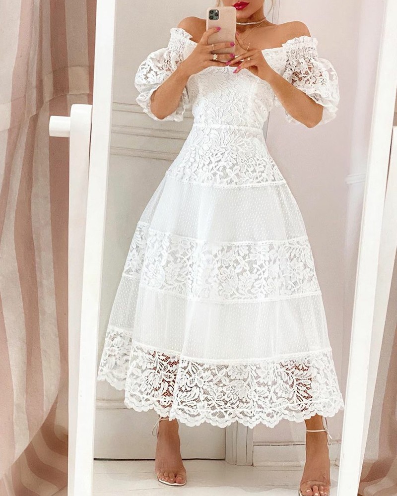 Abito donna elegante con scollo a v maniche a sbuffo e pizzo_voghion.com