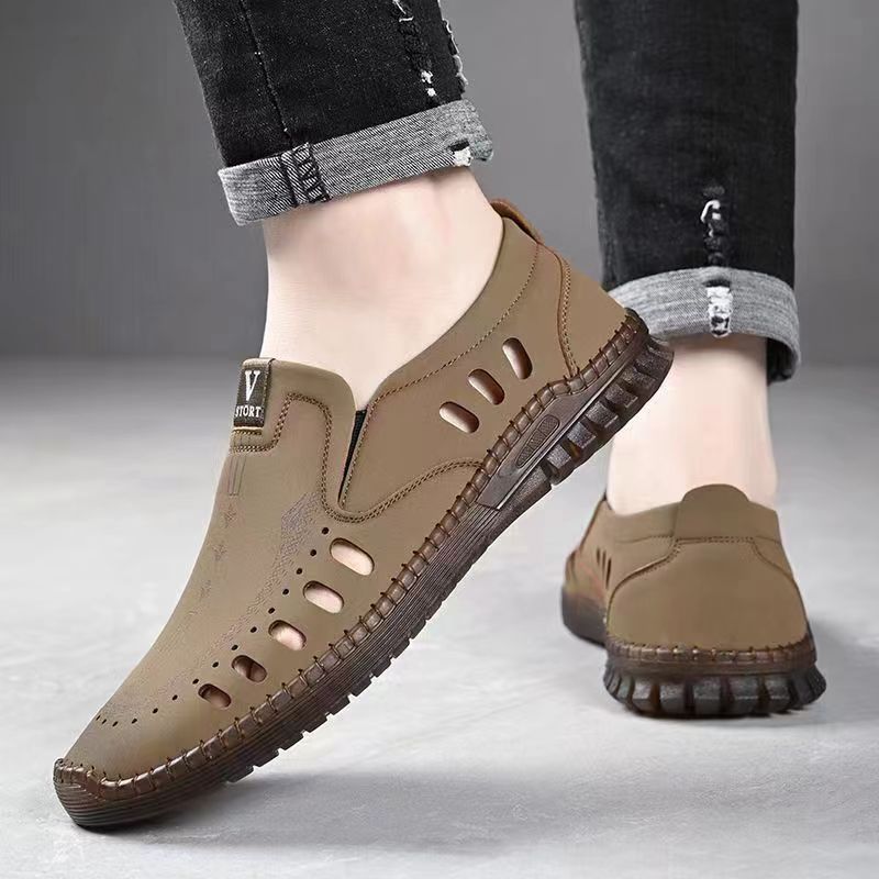 New 2024 Spring/Summer Men' Leather With Hollow, Breathable, Comfortable Soft Sole, One Step Driving Caual Single_voghion.com