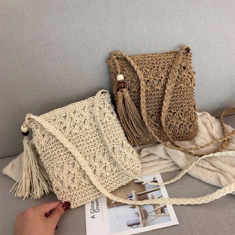 Women Beach Woven Straw Shoulder Messenger Bag with Tassel Boho Hollow Out Crochet Crossbody Handbag rame Purse_voghion.com