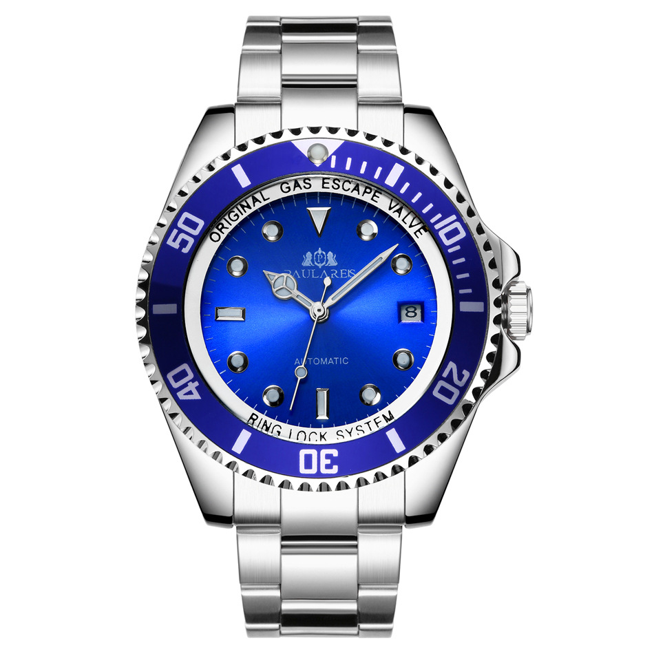 Vollautomatische mechanische Herrenuhr mit Leuchtzeigern, massivem Edelstahlarmband, blauem, rotem und grünem Zifferblatt. AUTOMATIKUHR_voghion.com