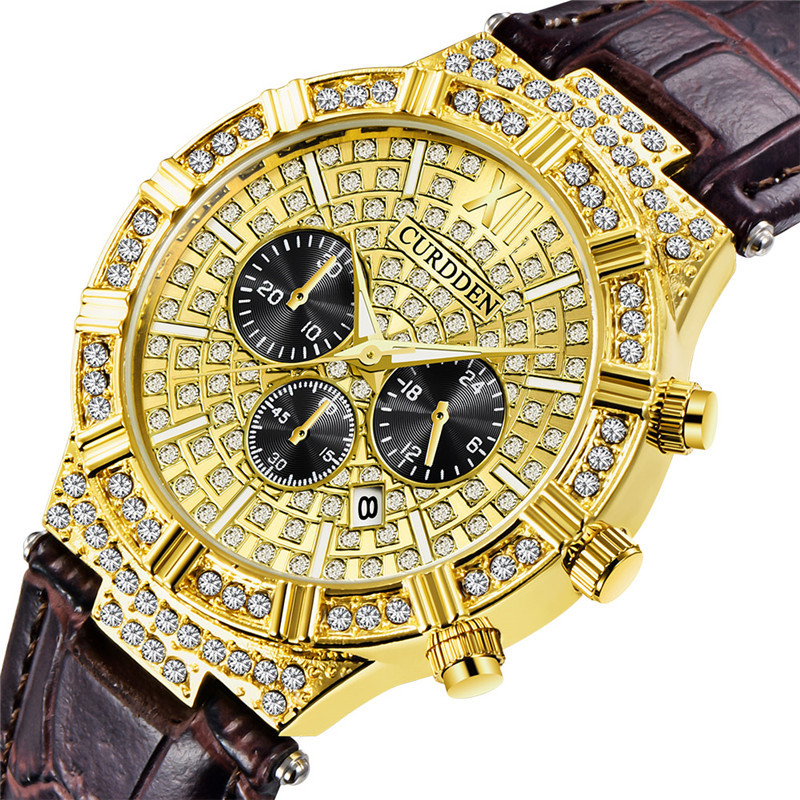 CURDDEN Brand Men's Leather Band Diamond Date Quartz Watches_voghion.com
