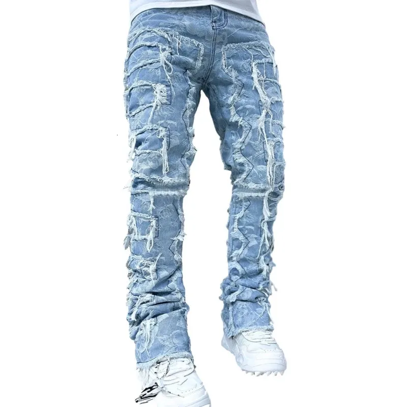 E15E Herren Stacked Jeans Fit Zerrissene Destroyed Gerade Jeanshose Vintage Hip Hop Hose Streetwear 240415_voghion.com