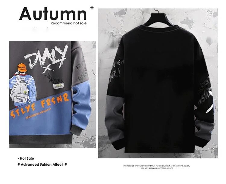 Men's hoodie, spring and autumn new couple outfit, long sleeved color contrast t-s, loose oversized cartoon bottom_voghion.com