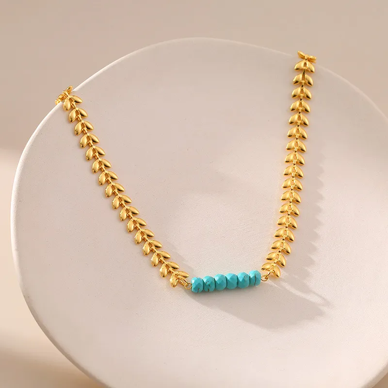 Collier de perles turquoise irrégulières faites à la main pour femmes, chaîne porte-bonheur en forme d'épis de blé dorés, bijoux rétro_voghion.com