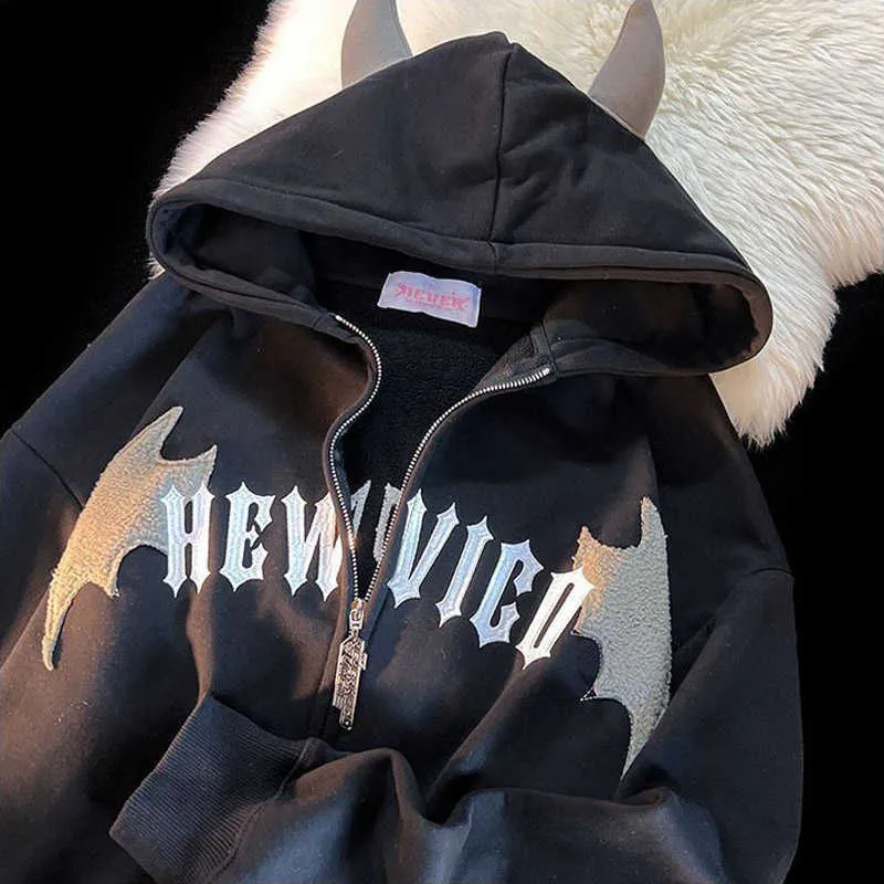 Erkek I mp Kapşonlu Sweatshirtler Hip Hop Koyu Yarasa Kanatlı Şeytan Boynuz Gotik Fermuarlı Kapşonlu Ceket Erkek Kadın Büyük Boy Sweatshirt_voghion.com