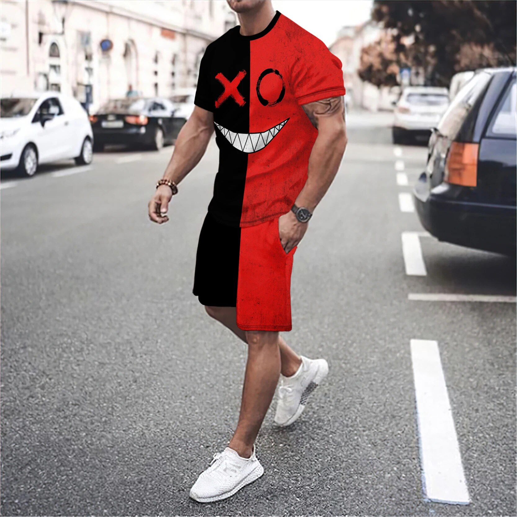men's round neck short sleeved T-shirt and shorts set 3D smiling face letter patchwork fashionable casual basketball_voghion.com