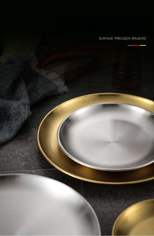 Korean Style 304 Stainless Steel Disc, Commercial Golden Barbecue Fruit Cake Tray, Meal Bone Plate, Shallow Plate_voghion.com