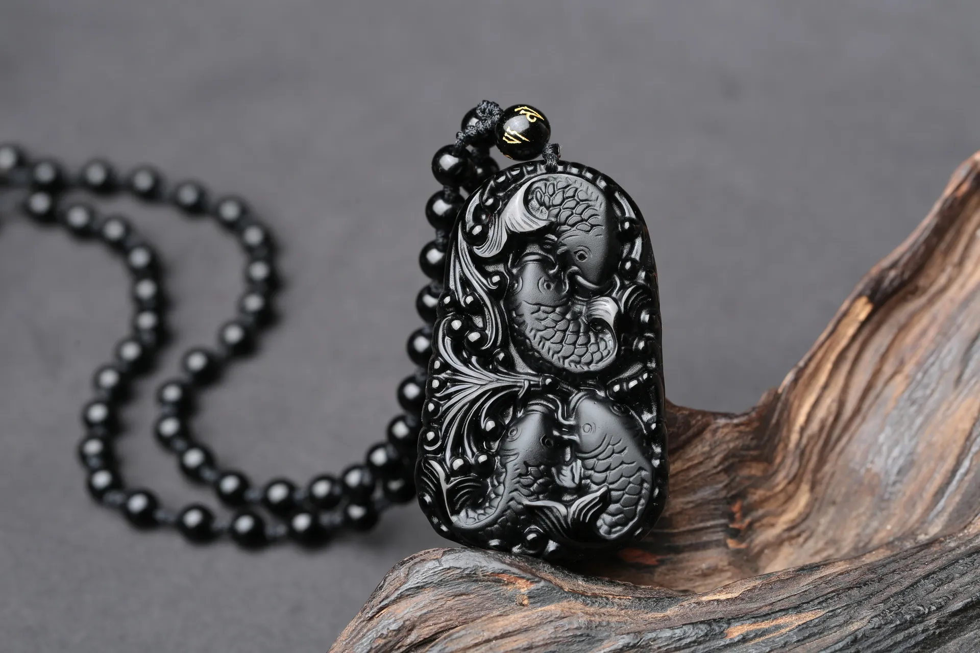 Obsidian Carp Pendant Necklace Natural Matte Stone Jewelry_voghion.com