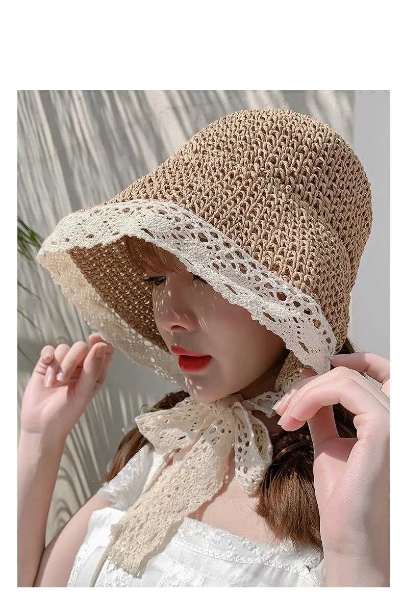 Internet famous straw female summer lace tied hat, fresh refreshing beach vacation, sun protection and shading hat strap_voghion.com