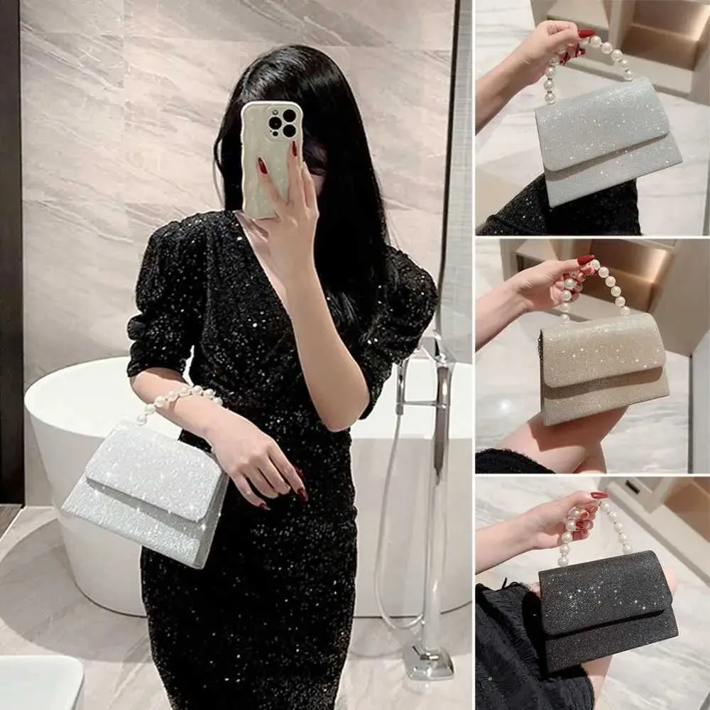 Perlenkette Schultertasche Gold glänzende Seide Abendtasche elegante und modische sphärische Clutch Damenhandtasche Y241019_voghion.com