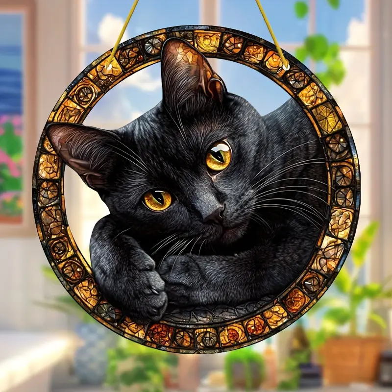 Midnight Feline Zonnevanger - 20 cm Mystiek Acrylkunstwerk. Betoverende decoratie voor op de veranda of op kantoor, het hele jaar door, een purrfect cadeau voor kattenliefhebbers._voghion.com