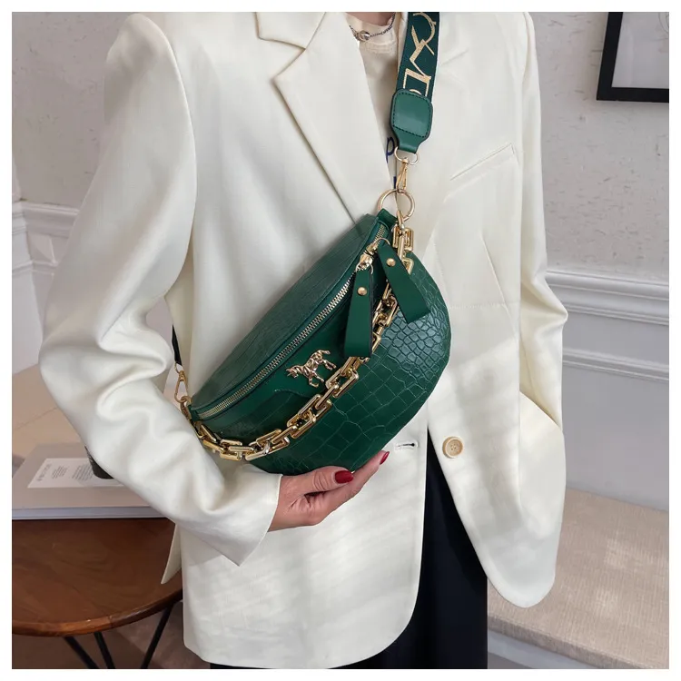 Thick Chain Women's Waist Fanny Pack Fashion Crossbody Chest Bags Female Belt Crocodile Shoulder Bag_voghion.com