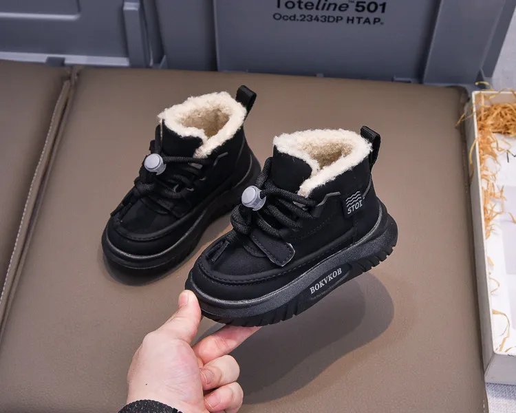 Toddler PU Leather Snow Children Thick Warm Boy's Cotton Anti-slip Girl Fur Boots For Cutefeet Kids Winter Plush Shoes_desvips.com