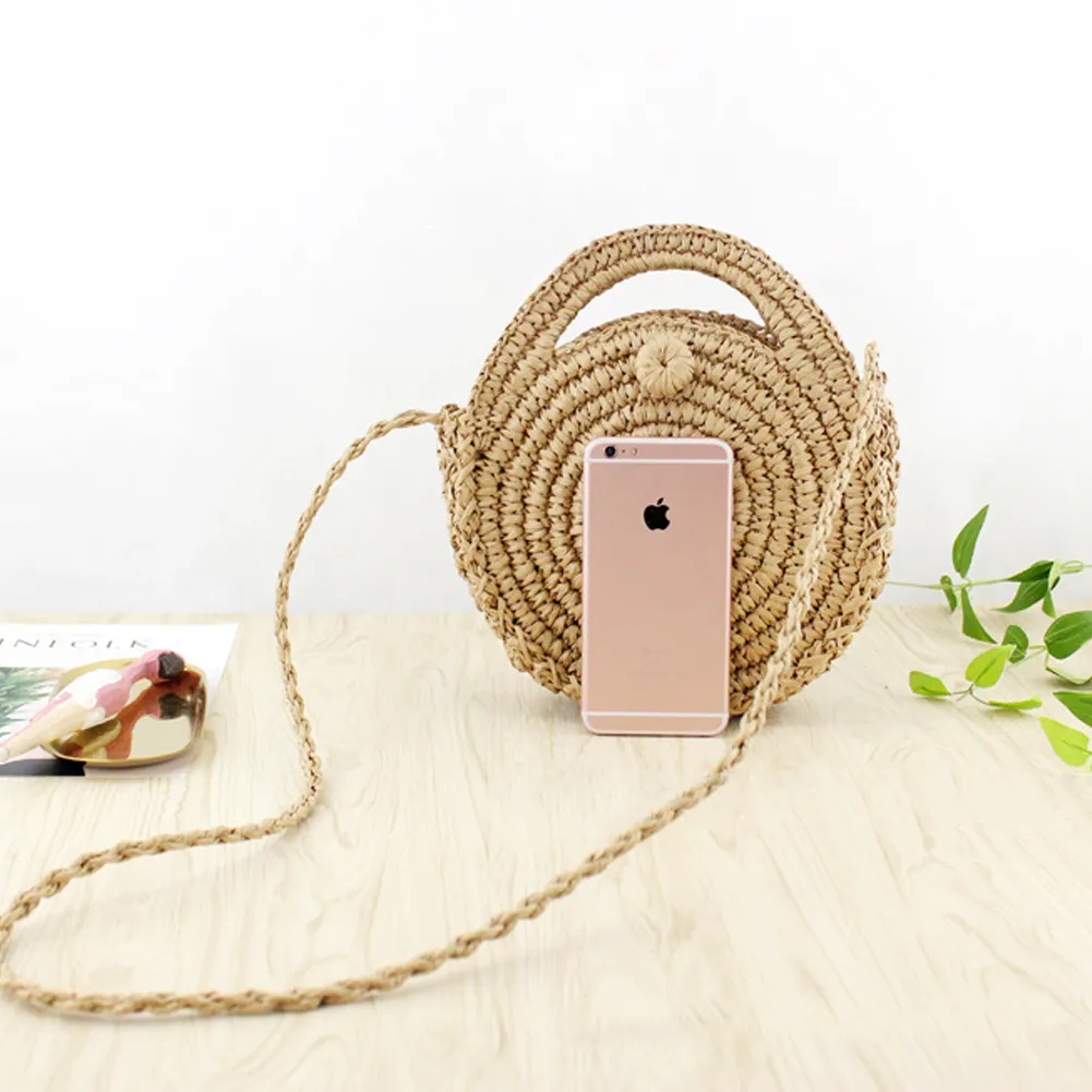 Borsa a tracolla rotonda intrecciata da donna con manico superiore, borsa estiva alla moda, casual, semplice ed elegante, da festa, fatta a mano, in paglia._voghion.com