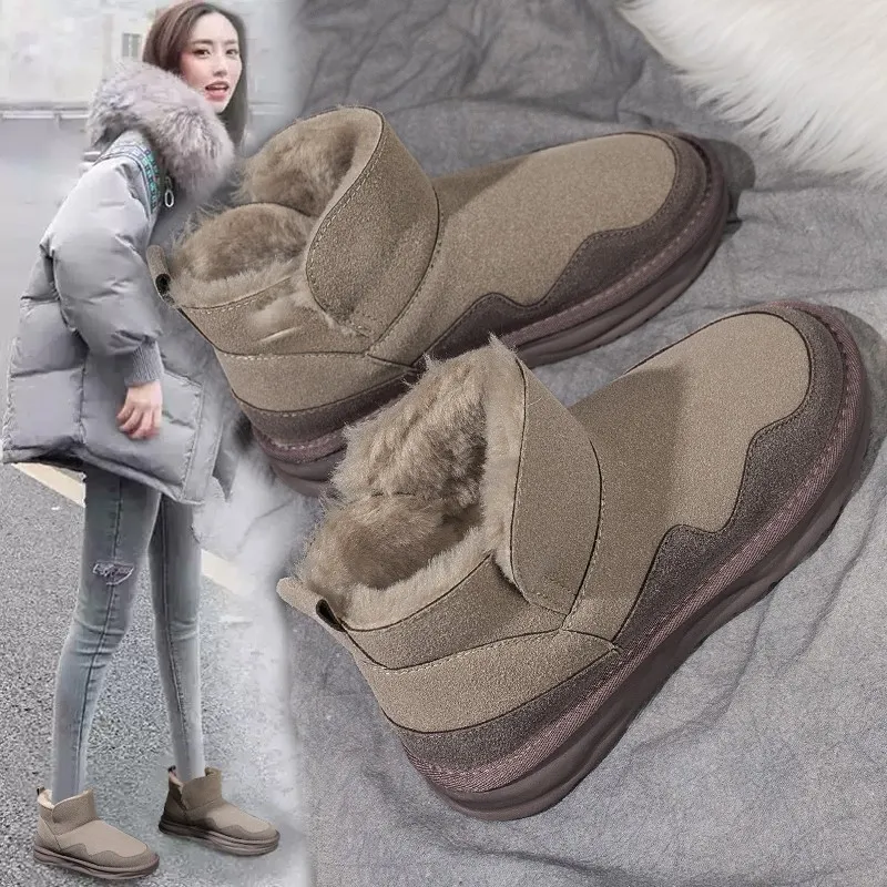 Women's Boots:Simple Design Snow Boots 2024 Winter New Fashion Fleece Warm Anti-slip,Brown/Grey,Free Shipping_voghion.com