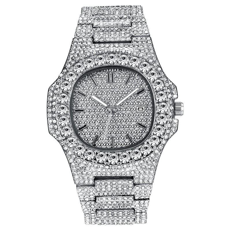 Men's Hip Hop Style Full Diamond Watch With Calendar - Quartz Movement, Square Dial, Stainless Steel Clasp, Fashionable Design For Trendy Men_voghion.com