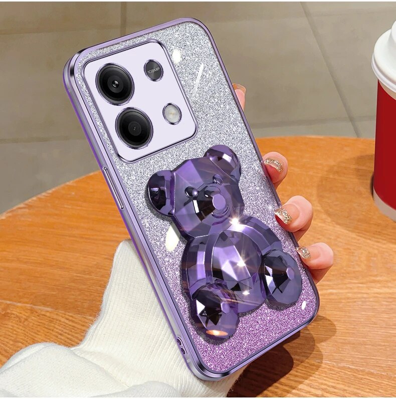 note13 pro Glitter Plating Bear Holder Case On For Xiaomi Redmi Note Pro note13pro redmi 13C 4G 5G Stand Cover note 13_voghion.com
