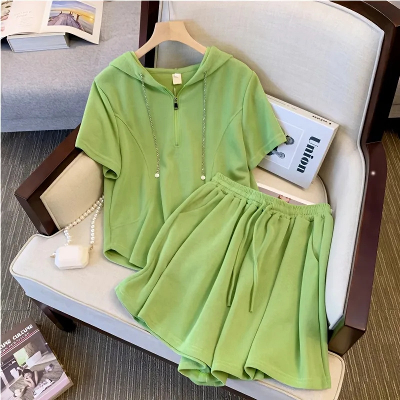 Trendy Women's Plus Size Casual Sports Shorts Two Piece Set Summer_voghion.com