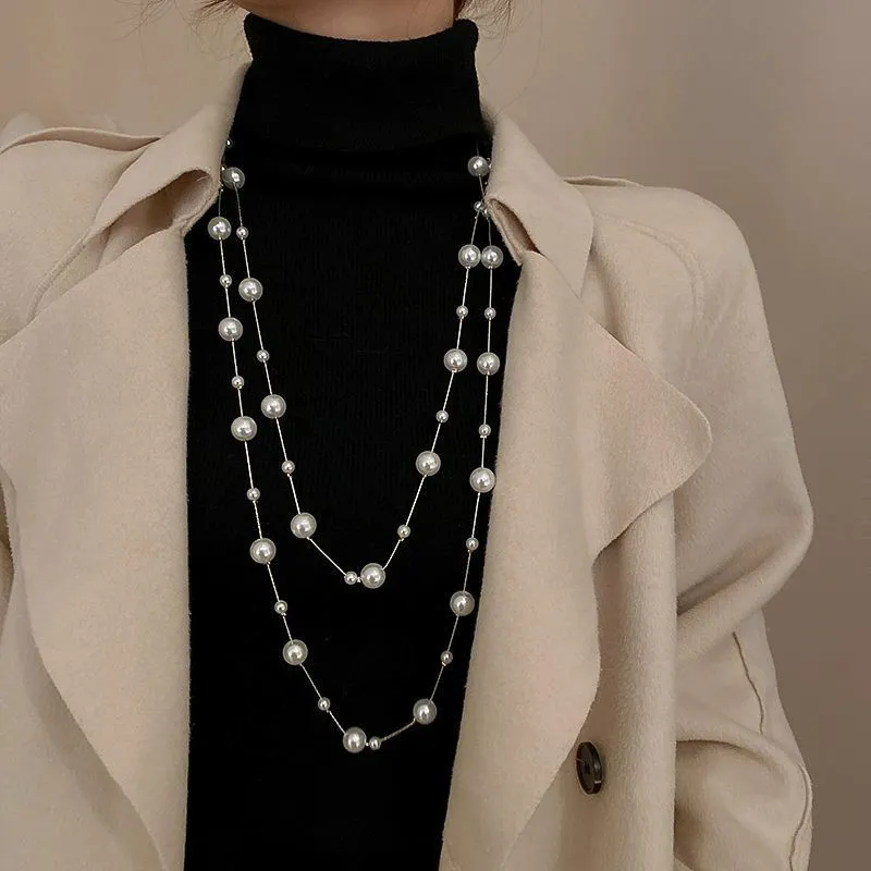 Collana lunga di perle elegante per donna catena stile coreano_voghion.com