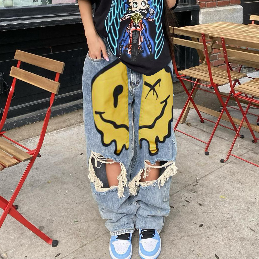 Vaqueros anchos con roturas para mujer estilo hip hop y corte amplio_voghion.com