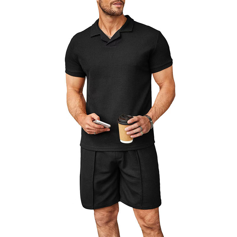 Men's summer new waffle V-neck polo shirt with flip collar short sleeved T-shirt men's set_voghion.com