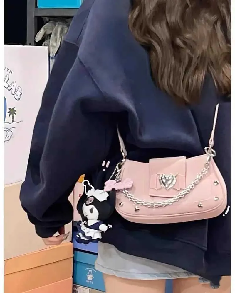 Frauen schulter metall kette herz-förmigen dekoration Y2K stil unterwäsche tasche süße frauen mode handtasche Y241116_voghion.com