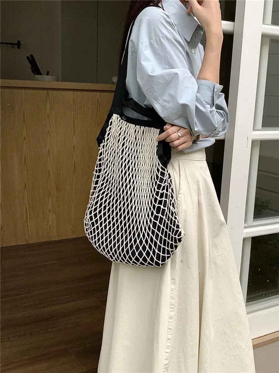 Borsa a rete intrecciata alla moda per donna, borsa a tracolla casual da donna, grande capacità, grande tote bolsa 240823_voghion.com