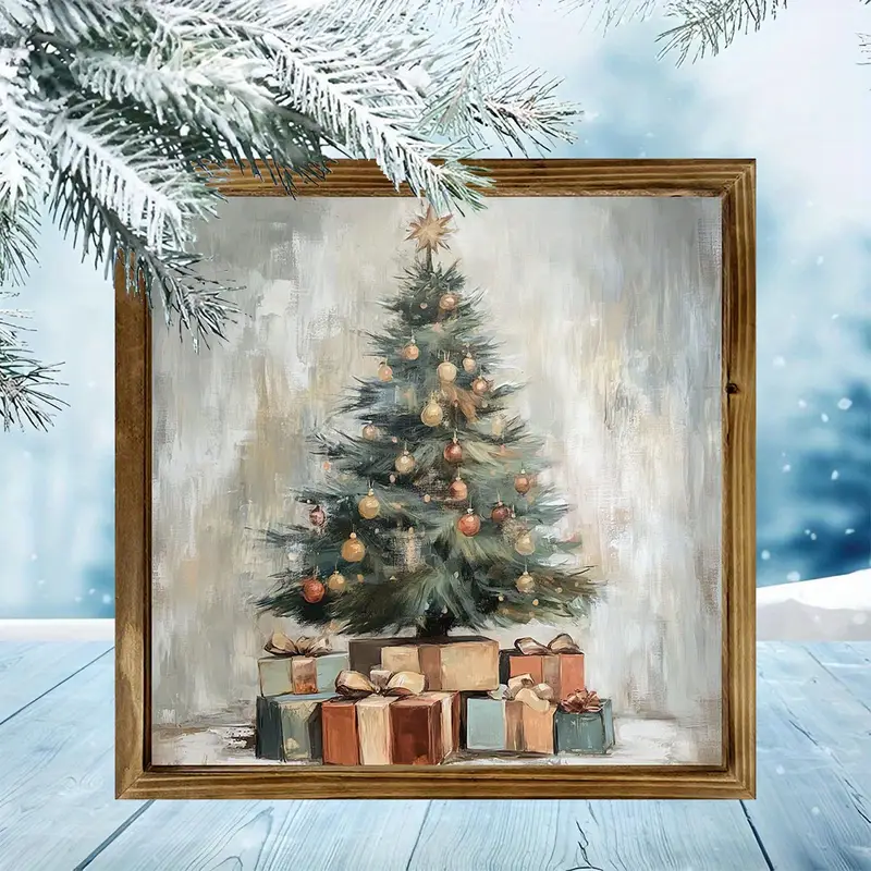 Semn rustic din lemn cu model de brad de Crăciun de 20x20 cm - Artă murală vintage cu design rustic pentru casă/birou, ușoară și lustruită, cadou de decor pentru birou de sărbători_voghion.com
