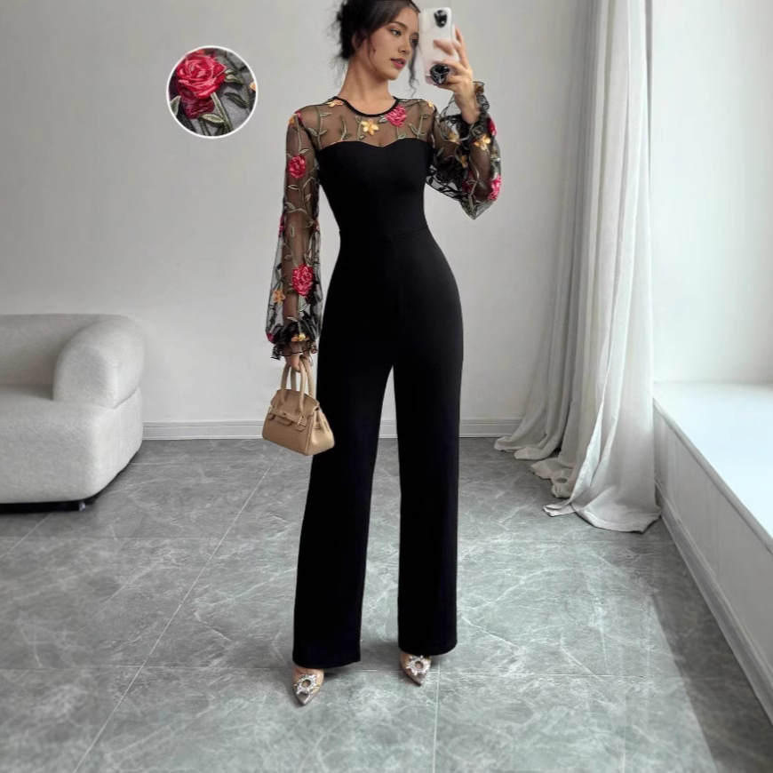 Women's Floral Embroidery Mesh Lantern Sleeve Elegant Jumpsuit