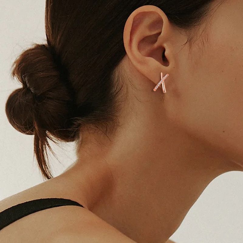 Geometric Cross X Zircon S Plated Rose Gold Earrings Female Sier Jewelry_voghion.com