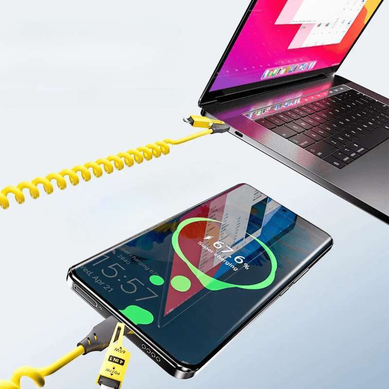 65W brzi teleskopski podatkovni kabel s oprugom četiri u jednom, pogodan za punjenje iPhonea putem Ty-C na dva konektora_voghion.com