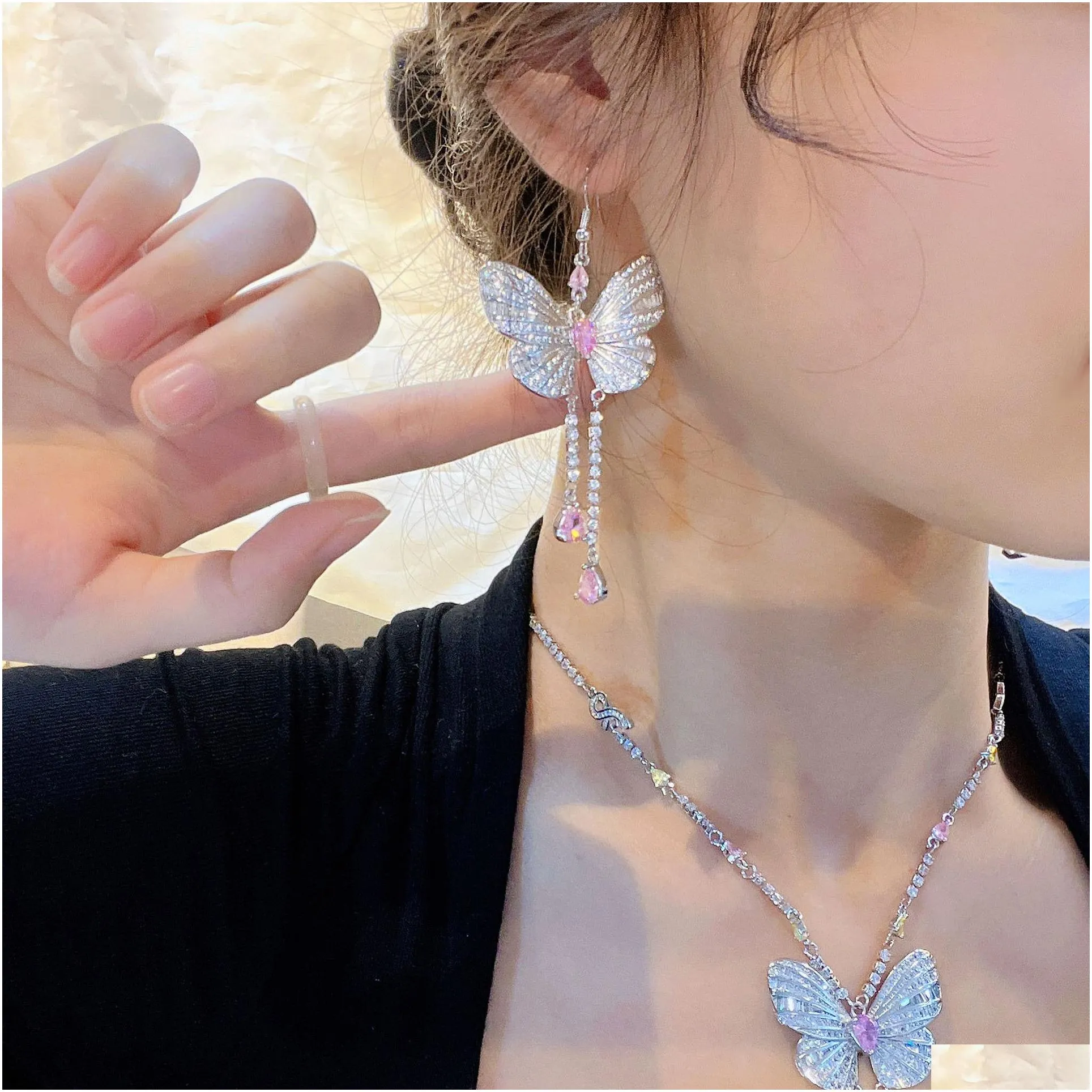 Set di gioielli da sposa con farfalla, diamanti da laboratorio, orecchini in argento sterling, collana girocollo per donna, pietre preziose da sposa_voghion.com