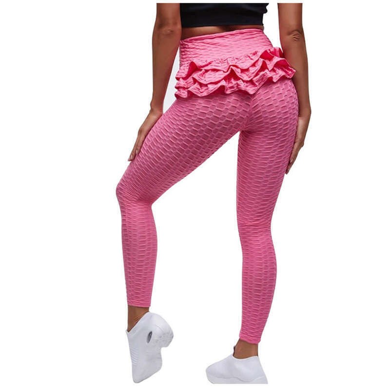 Jacquard Bubble Yoga Mujer Borde con volantes Cintura alta Levantamiento Deportes Fitness Miel Melocotón Cadera Slim Fit Pantalones inferiores_voghion.com
