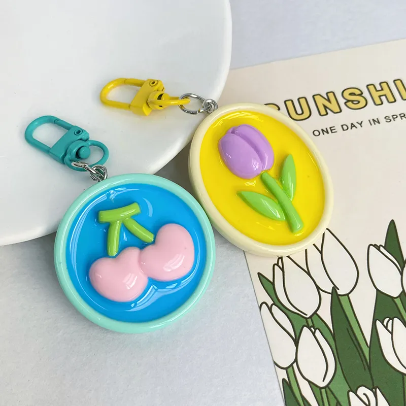 Portachiavi a forma di fiore dipinto a olio con motivo a tulipano, rosa, ciliegia e farfalla, con nodo, per auto, borsa, zaino, ciondoli, decorazioni_voghion.com