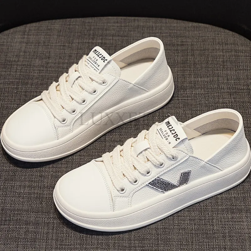 Women Leather Round Toe V-shaped Thick Sole and Shallow Mouth Small White Casual Versatile Two-piece Sports Board Shoes_ecoleips.com
